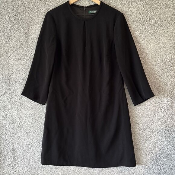 Lauren Ralph Lauren Dress Medium 10 Keyhole Neck 3/4 Sleeve Knee Length Black - Picture 1 of 15